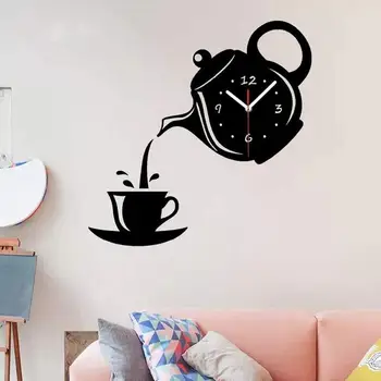 1ks 3D DIY Coffee Time Clock Akryl Nástěnné Hodiny Cup Tvar Nálepka na Zeď Duté Číslice Hodiny pro Kuchyň Domova