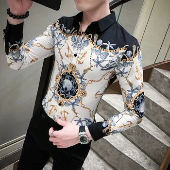 2020 Jarní Pánské Tričko Luxusní Značkové Tisk Šaty Košile Britské Men Dlouhý Rukáv Ležérní Slim Streetwear Sociální Top Camisa 3XL