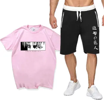 Letní Streetwear tričko + Sportovní Šortky Útok na Titan triko Sady Pánské teeshirt homme Tepláky Ležérní Šortky Trička Set