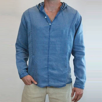 Ležérní Pevné Plátěné Bavlny S Kapucí Košile Pro Muže 2021 Jarní Módní Dlouhý Rukáv Svetr Topy Muž V-Neck Volné Tričko Streetwear