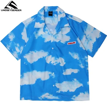 Pánské Košile Hip Hop Oversize Modré Obloze Mraky Streetwear Havajské Pláži Tričko Harajuku Letní Krátký Rukáv Ležérní Tričko Oblečení