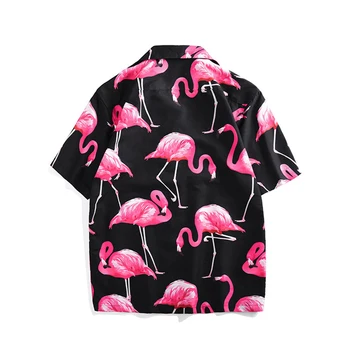 SISHION Herenkleding Letní Košile pro Muže VD1933 Krátký Rukáv Digitální Tisk Černé Flamingo Tlačítko Up Hawaii Košile Muži