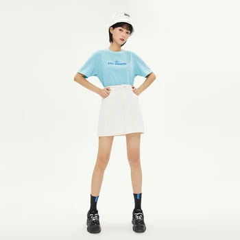 Toyouth Ženy Tees 2021 Letní Krátký Rukáv Kulatý Výstřih Stripe Loose T-shirt Dopis Výšivky Kontrastní Barvy Volný čas Topy
