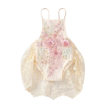 Velikonoční 2021 Letní Nové dětské Oblečení Baby Romper Sling Nažehlovačky Vyšívané Flitry Lístků Mesh Krajky Dítě Dívky Romper