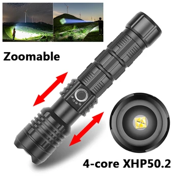 4 Jádro XHP50.2 Výkonné Led Zoomovatelný Taktická Svítilna Pochodeň pro Kempování, pěší Turistika Lehký USB Dobíjecí Hliníkové Slitiny Lucerna