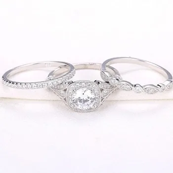 LETAPI Nové Stříbrná Barva snubní Prsteny set 3 v 1 kapela prsten pro Ženy zásnubní svatební módní šperky