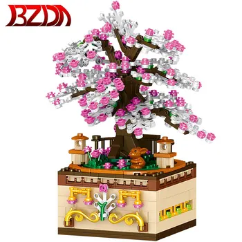 BZDA Třešňové Květy Stromu Music Box Rotující Sakura Stavební Bloky City Street View Třešňové Květy Hračky pro Děti, Dívka, Dárek