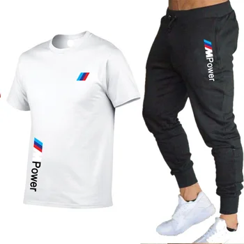 2021 nové pánské 2-dílná sportovní BMW print pánské-krátký rukáv + kalhoty sportovní oblek vysoce kvalitní bavlny ležérní pánské T-shirt