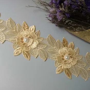 1 metrů 9X13 cm Gold Pearl Květina List Ručně vyráběné Korálky Vyšívané Krajky Trim Stuha Nášivka Svatební Šaty Šití Plavidla