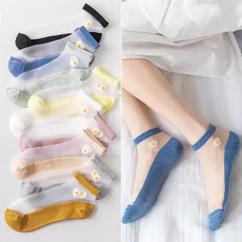 10 Párů Žen Ponožky pro Letní Ultra-tenké Průhledné Cass Skleněných Vláken Hedvábí Ponožky Prodyšné Květina Kotník Ponožky