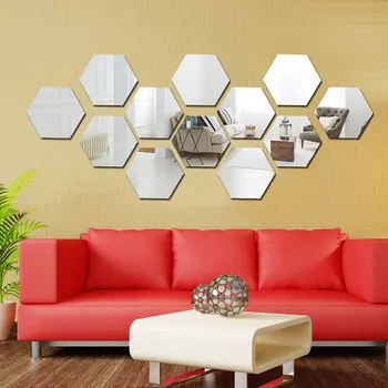 12KS Hexagon Odnímatelný Vodotěsný samolepící Zrcadlo Samolepky Domácí Koupelna Kuchyň Samolepky na Zeď Kuchyně Dekorace