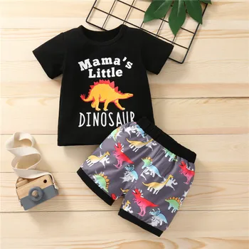 2 Ks Kids Oblek Set, Dopis Dinosaurus Tisk O-Neck Krátký Rukáv T-Košile+ Šortky na Léto, Černá, 6 Měsíců-3 Roky