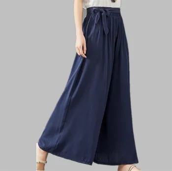 2020 Letní tenké, široké kalhoty nohy Korean plnou dlouhé bavlněné plátěné kalhoty s páskem plus velikosti sukně, kalhoty 5XL 6XL 7XL černé víno modrá