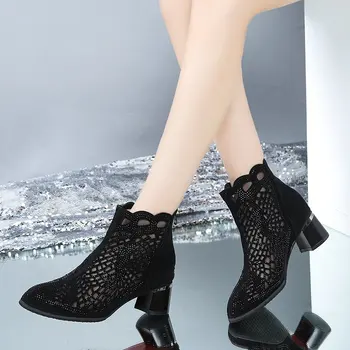 2021 jaro nové dámské boty tlusté-podrážkou duté mesh boty módní sandály prodyšné dámské zip na vysokém podpatku sandály