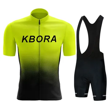 2021 KBORA Pánské cyklistické oblečení fluo žluté cyklistické jersey sada Kole šortky Kalhoty Silniční Kolo Oblečení Oblek Mtb Maillot Culotte