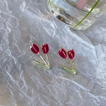 2021 Módní Šperky Smaltované Červené Růže Náušnice Roztomilé Malé Květy Náušnice Vintage Pro Ženy Tulipán Spirála Houpat Náušnice