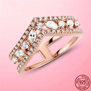 2021 Nové 925 Sterling Silver Šumivé Marquise Double Wishbone Prsten pro Ženy Jasné CZ Svatební Zásnubní Jemné Šperky Dárek