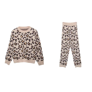 2021 Nové Podzimní a Zimní Leopard Print Dámské Pyžamo, Domácí Oblečení, Pyžamo, Set-Top + Kalhoty Pletení Oblek Svetr