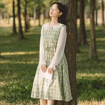 2021 Vintage Ležérní Šaty Korean Harajuku Styl Sukienka Cotagecore Estetiky Sukienka Elegantes Kostkované Vestido