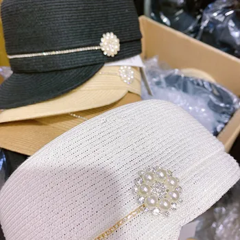 202103-xuxu nové letní styl japonského pearl květina řetězce papíru, slámy volný čas Osmihranné čepice ženy hledí čepici