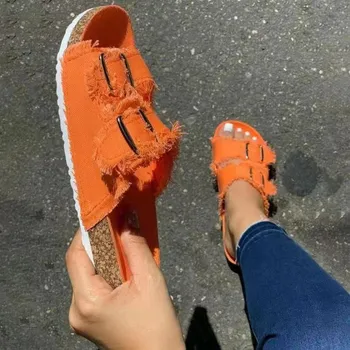 2021Summer Nové Produkty Evropské A Americké Ležérní Sandály jednobarevné Plátno Spony Pásu Denim Ploché Pantofle Ženy