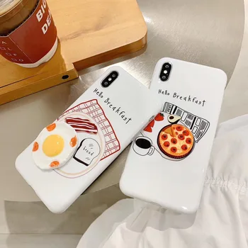 3D Jídlo Sunny-side up Egg Pizza Telefon Pouzdro pro iPhone 11 12ProMax X XR XSMAX Roztomilý Snídaně Zadní Kryt pro iPhone8 7 Plus Coque