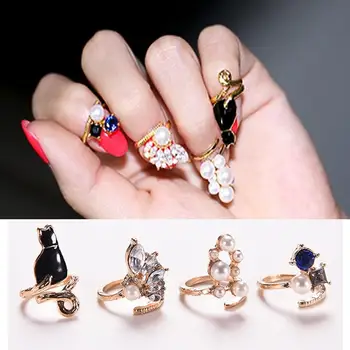 4ks/Set Jedinečný styl Crystal Black Cat Pearl Kroužky Sada Pro Ženy Módě Nehty Prsteny Elegantní Koleno Kroužky Módní Šperky