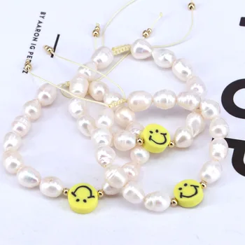 5ks Žluté Šťastný obličej sladkovodní perly vroubkované veselý letní náramek šperky dárek pro ni