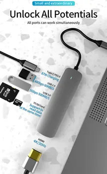 6 v 1 Typ-C Rozbočovač HDMI 4K USB Dokovací Stanice C 3.0 Hub S TF SD Reader Slot PD pro MacBook Pro/Air/Huawei Mate