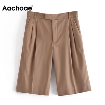 Aachoae Letní Vintage Khaki Kalhoty Ženy Skládaný Elegantní Kancelářské Oblek Kalhoty Kolena Délka Dáma Rovné Kalhoty Pantalones De Mujer