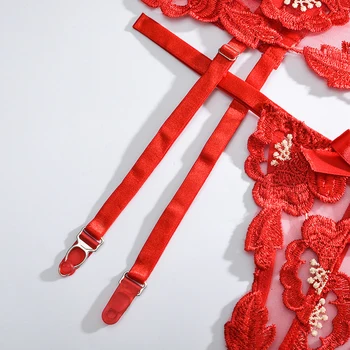 Aduloty Nové Módní Sexy Vyšívané Červené Květy Transparentní Pohled Erotické spodní Prádlo, Kostice Shromáždit Podprsenka Podvazky Tanga 3ks