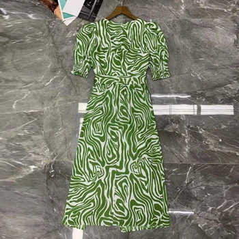 AELESEEN Módní Návrhář Ženy Šaty 2021 Letní Puff Rukáv High Street V-Neck Vlna Tisku Zelené Splited Dlouhé Sexy Šaty