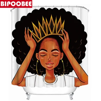 Africké Americké Ženy s Korunou Sprchový Závěs Afro Africe Dívka, Královna, Princezna, Vana Záclony, Koberce Toaletní Sedadla Kryt Sada