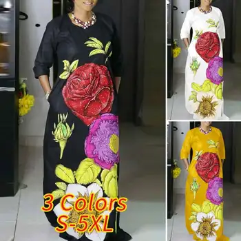 Bohémské Šaty 2021 - Ženy Dlouhý Rukáv Party Šaty Ležérní Volné Květinové Tisk Maxi Šaty Vestido Plášť Femme
