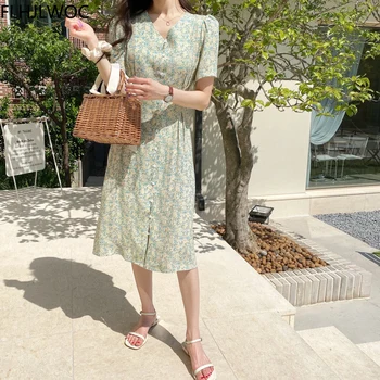 Dlouhé Maxi Tričko Šaty Letní Krátký Rukáv Elegantní Dáma Temperament Korejský Elegantní Módní Zelené Florla Tištěné Vintage Vestidos