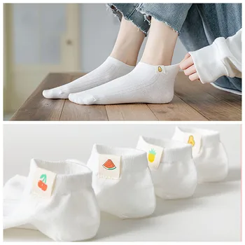 Dreamlikelin Letní Ženské Bílé Tenké Ponožky korejský Styl Bavlna Roztomilý Ovoce Látkový Štítek Loď Ponožky pro Dívky
