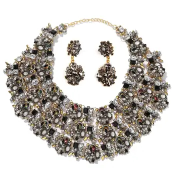 Dvacaman Luxusní Crystal Šperky Set pro Ženy Černá Drahokamu Bib Prohlášení Náhrdelník&Drop Earrrings Svatební Hostina Svatební Dar