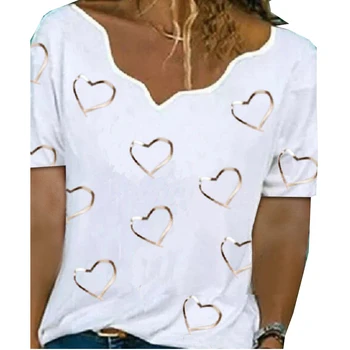 Dámské Módní Volné Ležérní krátký rukáv V krku Květinové tisk láska tištěné letní tričko topy plus velikost