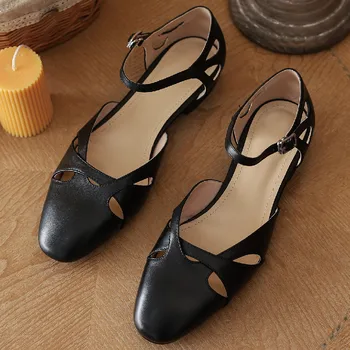 Dámské originální kožené byty sandály kotník popruh round toe duté-out příležitostné letní ženy obuv denní vysoce kvalitní boty