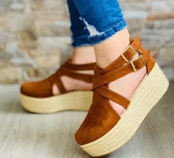 Dámské Sandály Vintage Wedge Boty Ženy Spony Popruh Slámy Tlusté Dno Byty Sandály na Platformě Stádo Ženy Boty Letní 2021