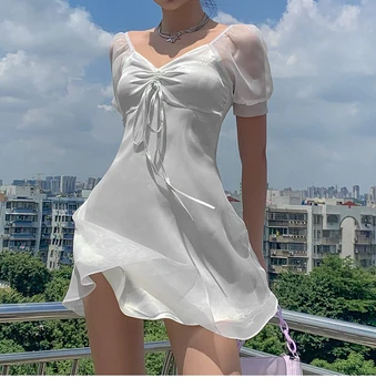 Elegant White Mesh Puff Sleeve Mini Female Dress Summer Party Birthday Festival Cute Sexy French Romantic Silk Dress Women 2021