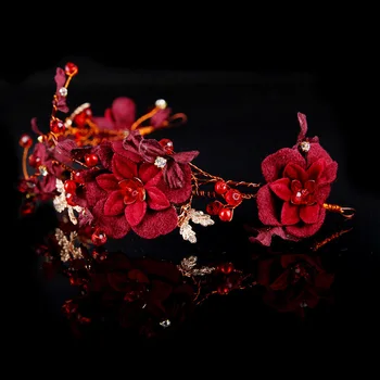 FORSEVEN Luxusní Ručně vyráběné Čepice Červené víno Vlasy Svatební Čelenka Simulace Květina Vlasy Band Svatební Vlasy, Šperky, Doplňky JL