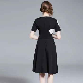 Francouzský Elegantní Černé Šaty Ženy Constract Barva Květinové Tisk Midi Šaty Ženské Big Swing Plus Velikost Party Šaty Vestidos