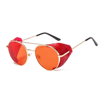 Gothic Parní punk styl sluneční Brýle Muži módní kovový kulatý rám Hnědé sluneční brýle, ženy dekorativní kožené čalounění Brýle UV400