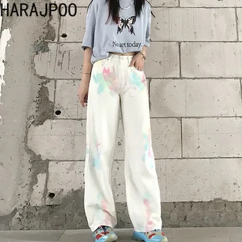 Harajpoo Ženy Kalhoty Smažené Street Příležitostné Letní korejský INS Barva Tie Dye Vysokým Pasem Volné Širokou Nohu Bílé Rovné Trend Džíny