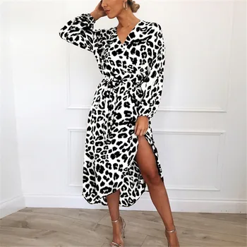 Hot prodej leopard tisk V-neck vysoký pasu krajka dámské šaty nepravidelné