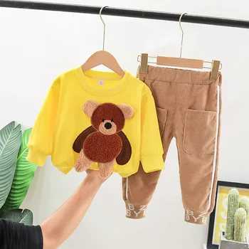 Jarní Podzimní dětské Suit korejské Karikatura Tří-dimenzionální Bear T-košile, Manšestrové Kalhoty dvoudílné Dívky, Chlapci Dětské Oblečení