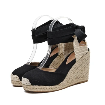 Kcenid Kotníkové popruh klíny boty pro ženy espadrille letní sandály pohodlné podpatky dámy bohemia boty konopí plátno čerpadla
