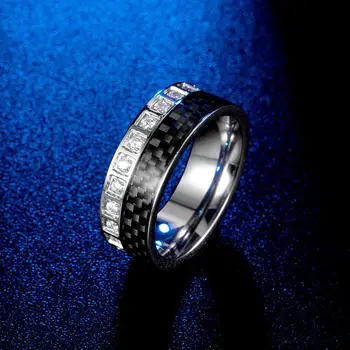 Klasické Titanové Oceli vykládané Lesklými zirkony Pánské prsten Černé Uhlíkové Vlákno prsten Vánoční Dárek šperky