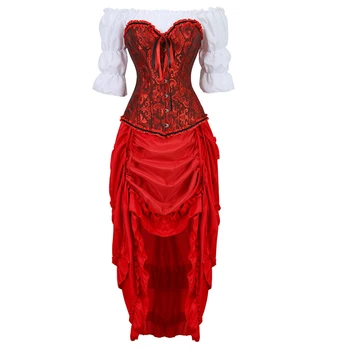 Korzet šaty top 3 ks sada přední vysoké a nízké nepravidelné sukně, korzety, bustiers sexy maškarní kostým šaty červená sexy halloween